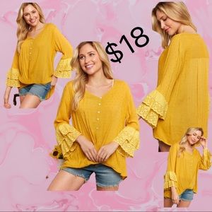 MUSTARD DOUBLE BELL SLEEVE BUTTON DESIGN BLOUSE